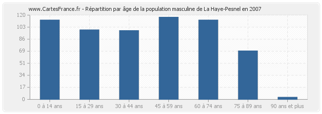 Répartition par âge de la population masculine de La Haye-Pesnel en 2007